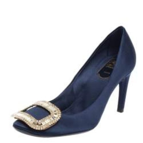 Roger Vivier Navy Blue Heels with Gold Buckle - Picture 1 of 12